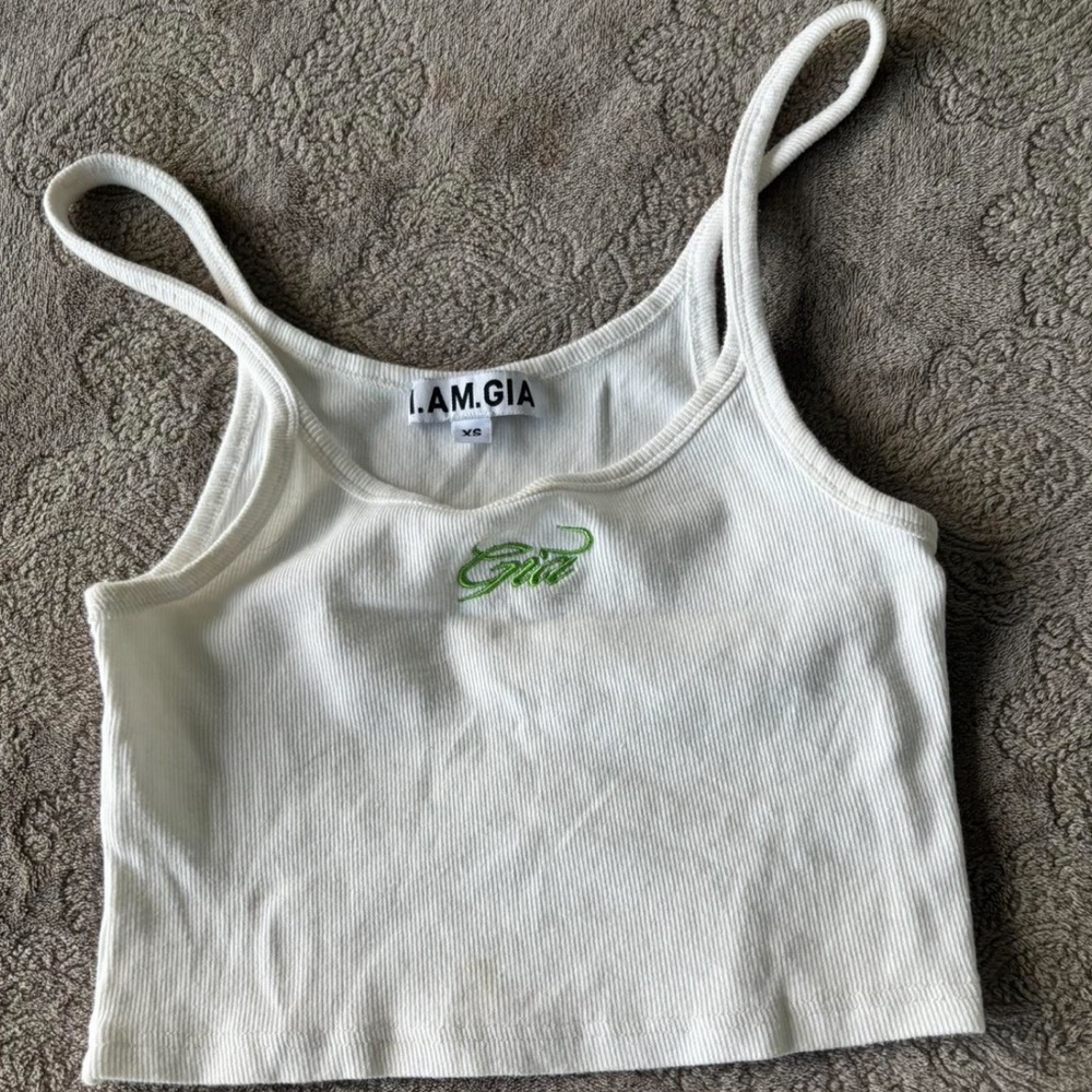 I.AM.GIA White Ribbed Tank with Green Detail